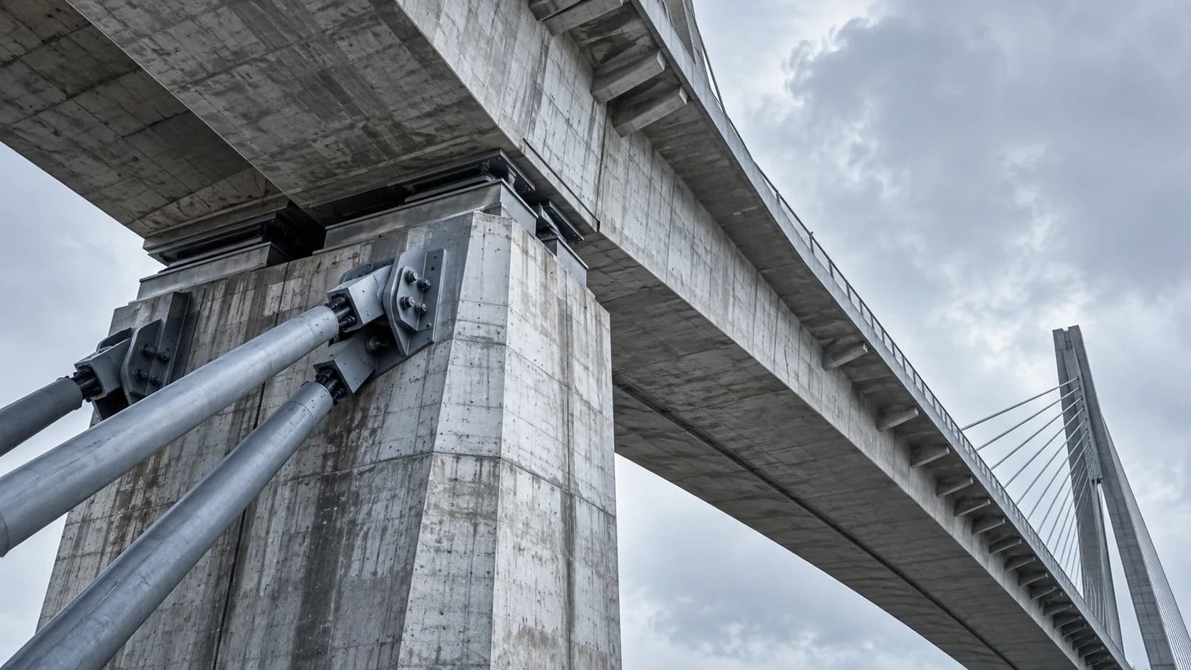 Estrutura de concreto e aço de uma ponte vista de baixo