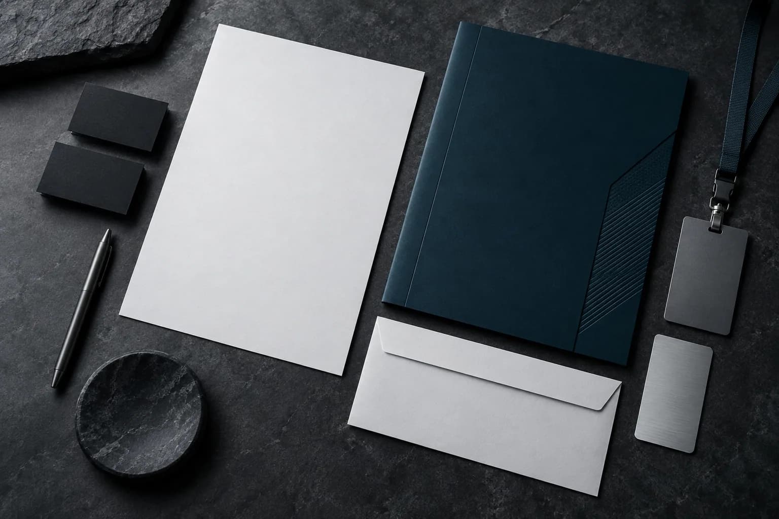 Papelaria corporativa em papel branco e azul-petróleo